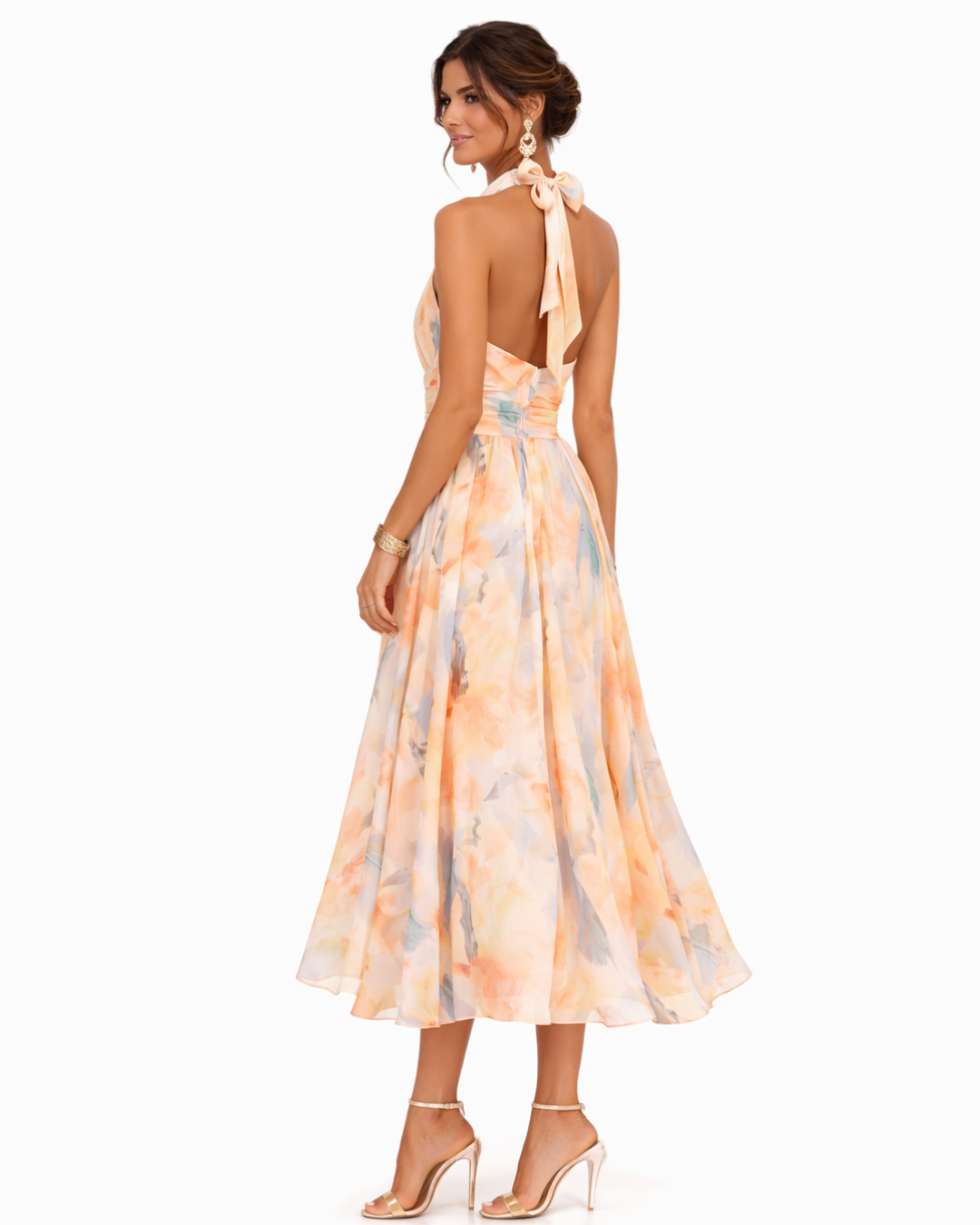 Aurora | Dress with American Neckline and Watercolor Print