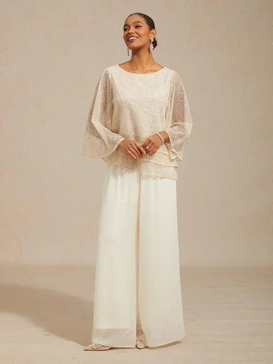 Straight Pants with Flowing Split Chiffon Layer