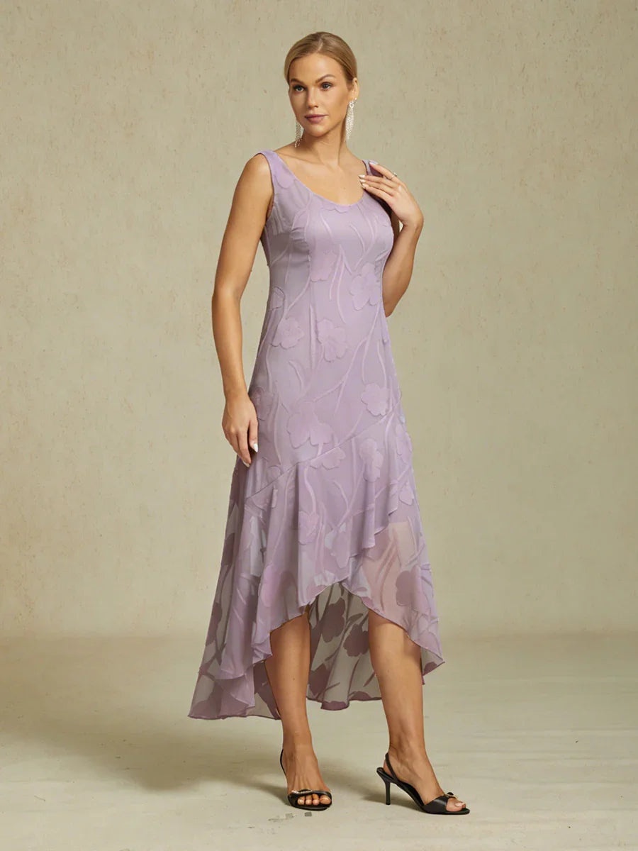 Sleeveless Evening Dresses in Floral Chiffon with Asymmetrical Hem