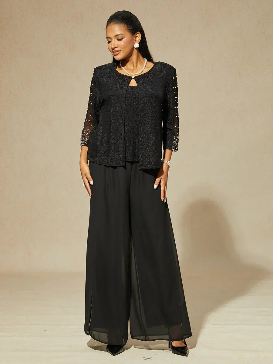 Metallic Textured Shirt with 3/4 Sleeves and Pearls