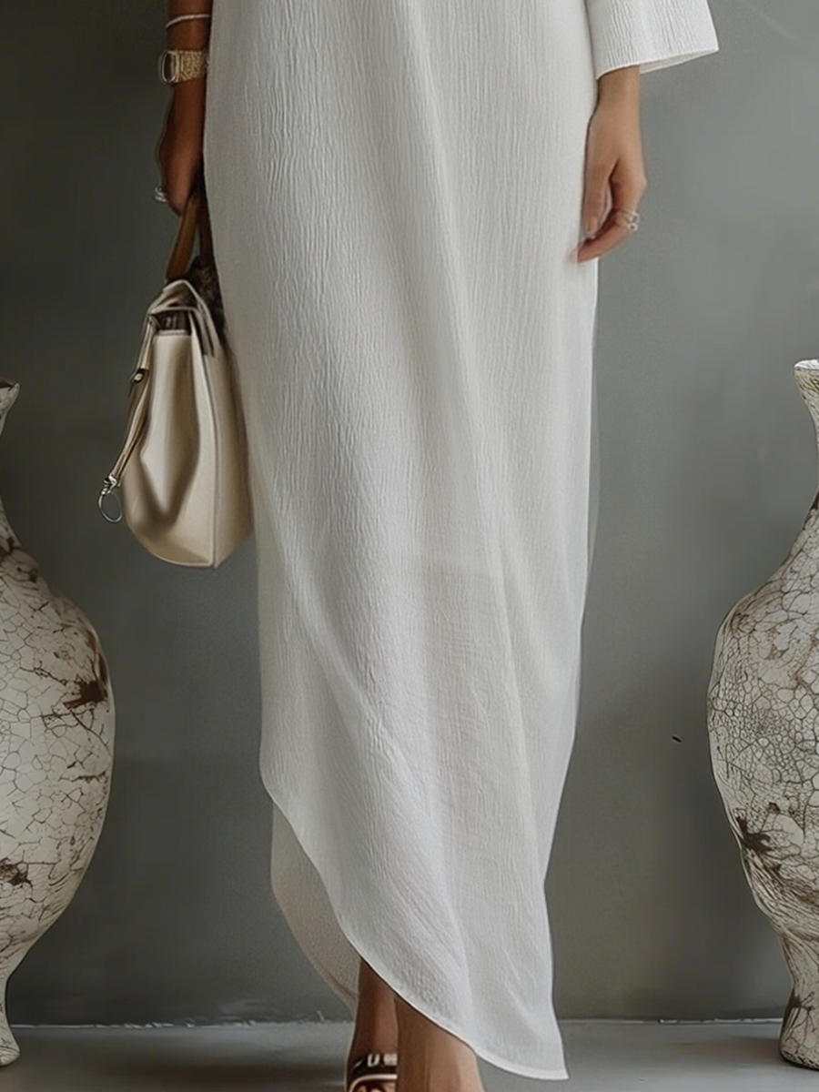 Women's Evening Dresses in Cream Color with Cotton-Linen Blend, One Shoulder, Flowing and Elegant MDA3032K4T
