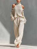 High Neck Top Set with Cold Straps in Beige Cotton and Wide Pants
