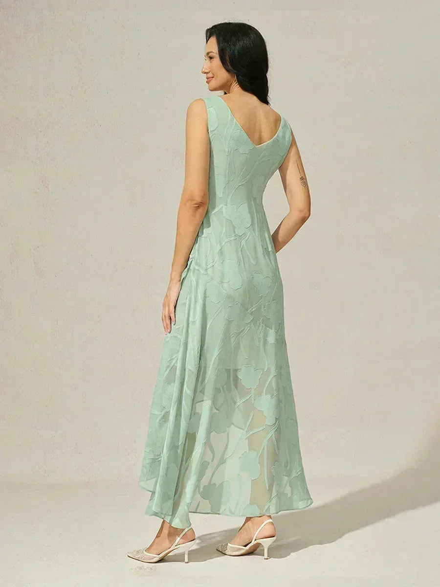 Sleeveless Evening Dresses Made of Floral Chiffon with Asymmetrical Hem