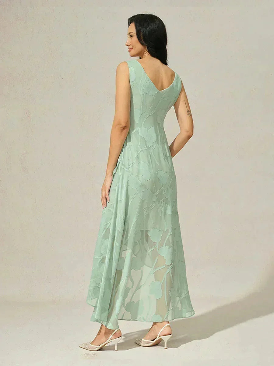 Sleeveless Floral Silk Evening Dresses with Asymmetrical Hem