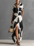 Short maxi dresses with short sleeves and irregular geometric stripes made of mixed cotton and linen MDA1689G1Y