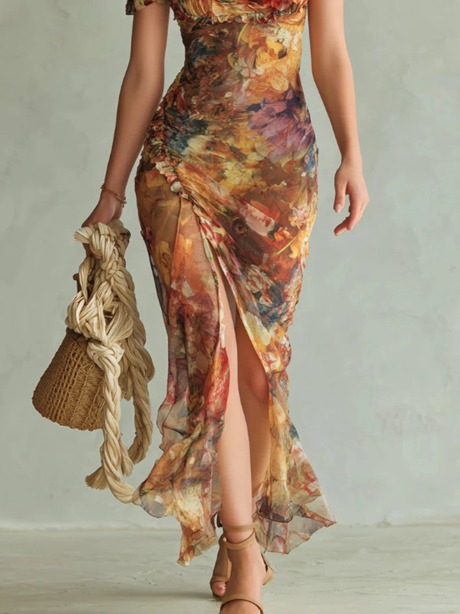 Elegant maxi dresses with a square neckline, short sleeves, and floral patterns