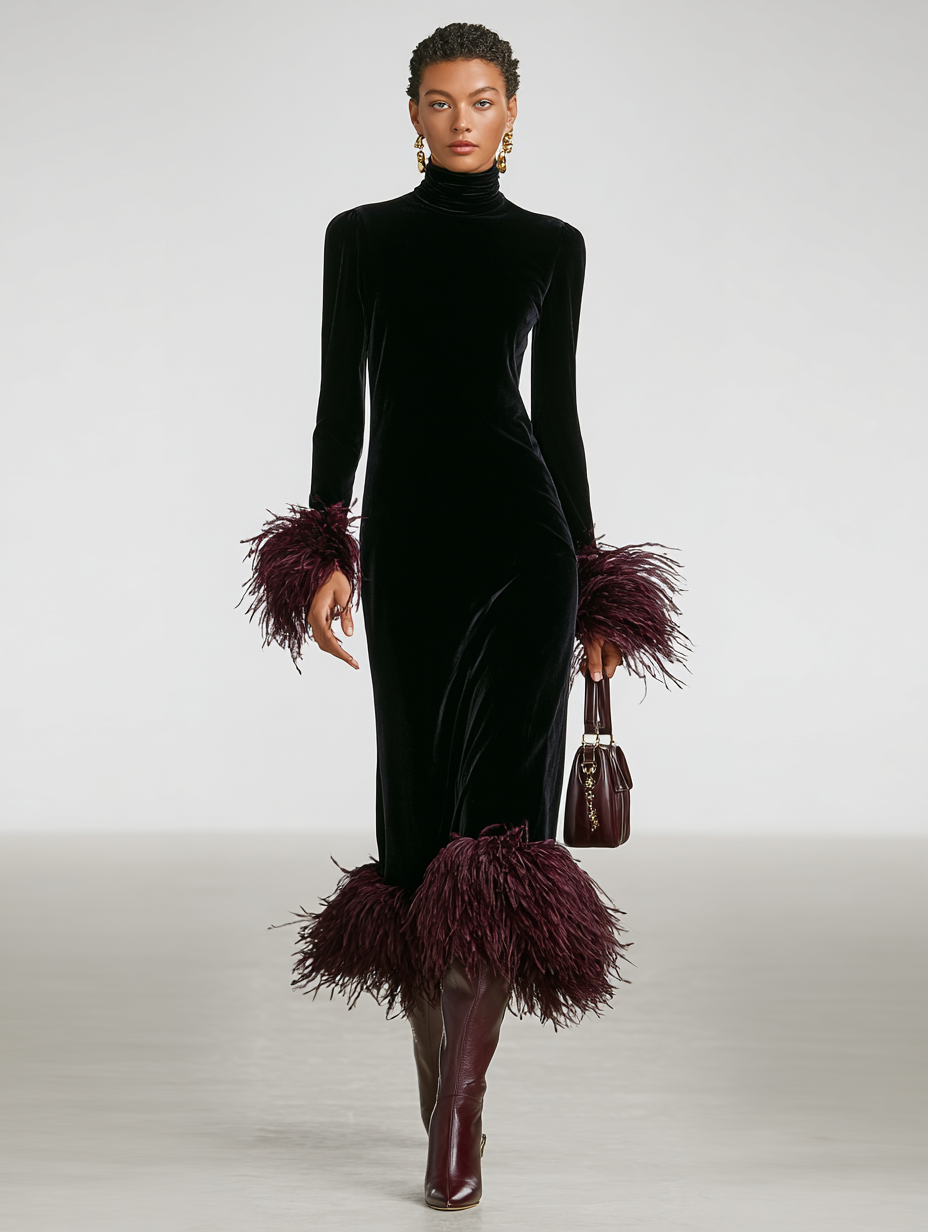 Women's Maxi Dress with Minimalist Velvet Patchwork and Faux Ostrich Feather Sleeves and Hem MDA1174J9Y