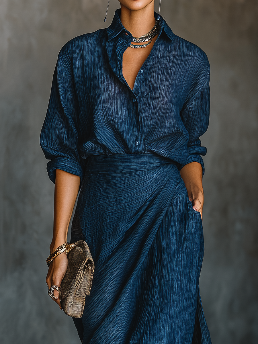 Long Skirt and Elegant Top Set in Dark Blue Cotton and Linen