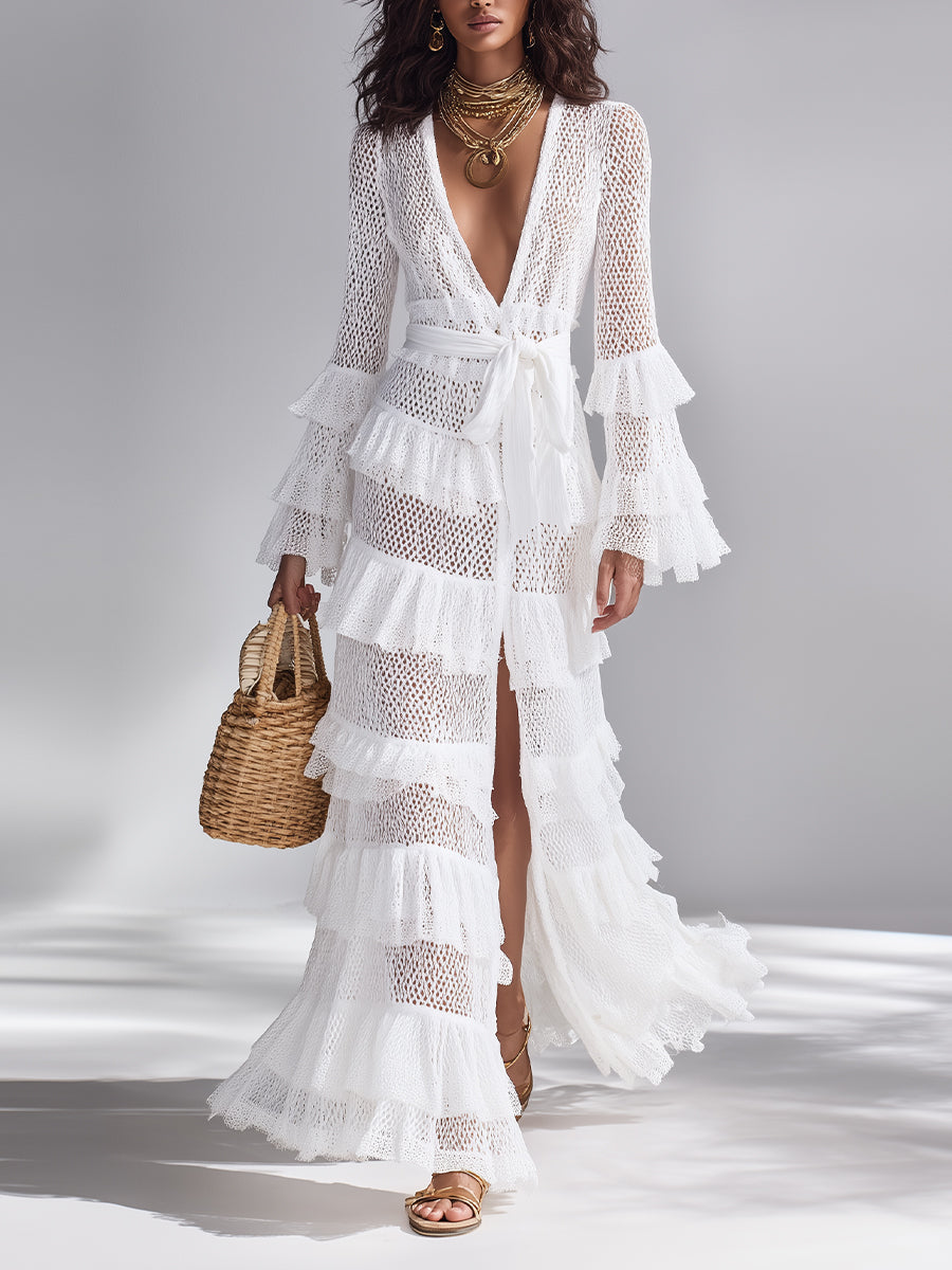 Knitted Cardigan in Crispy White for Women with Deep V Neck and Layered Ruffles, Timeless Bohemian-Glam Style MDA2372L3I