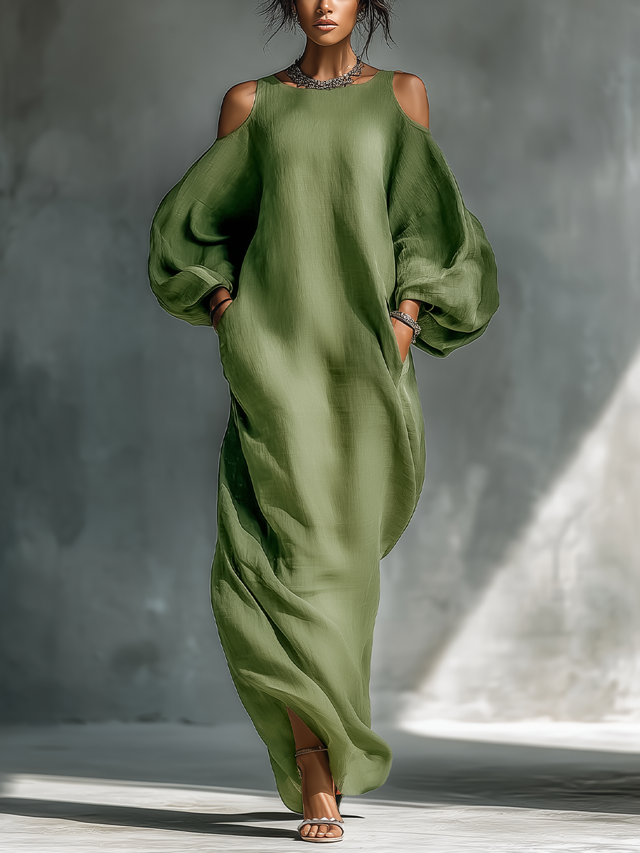 Light Green Maxi Dresses for Women with Off-Shoulder Design, Large Puff Sleeves, and Side Pockets MDZ1004B7T