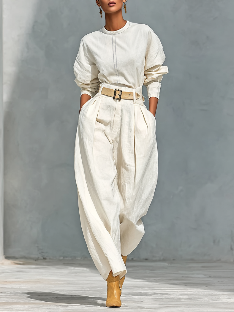 Long Sleeve T-Shirt Set with Round Neck and Wide Pants Made of Cotton and Linen for Women (Belt Not Included) MDA2555G6Y