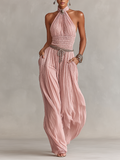 Women's bodysuit in blush color with a choker collar and wrinkled waist, timeless romantic-elegant style (without belt) MDZ1133B7I