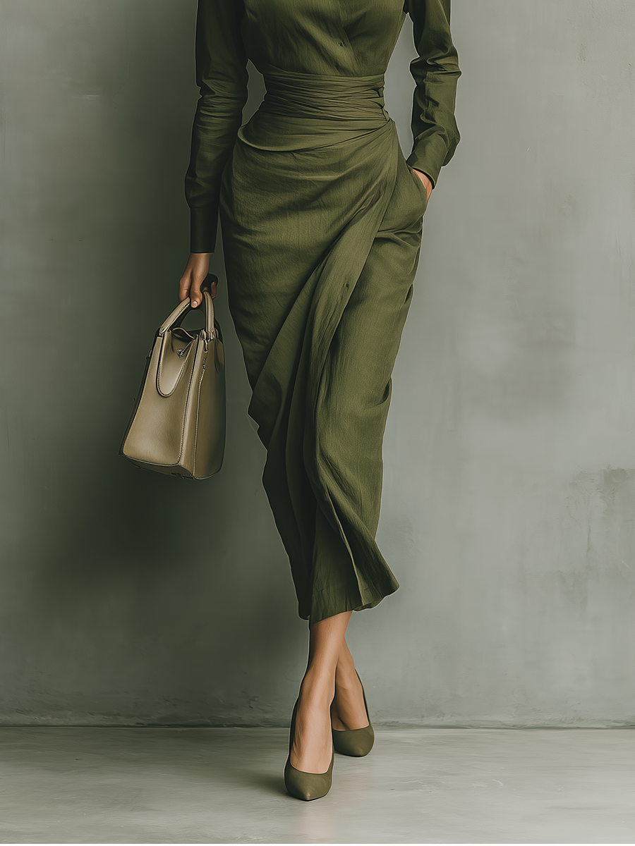 Women's Maxi Dresses in Military Green Cotton Blend MDA2281I8T
