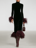 Women's Maxi Dress with Minimalist Velvet Patchwork and Faux Ostrich Feather Sleeves and Hem MDA1174J9Y