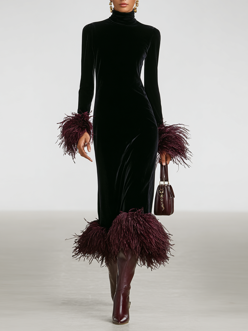 Women's Maxi Dress with Minimalist Velvet Patchwork and Faux Ostrich Feather Sleeves and Hem MDA1174J9Y