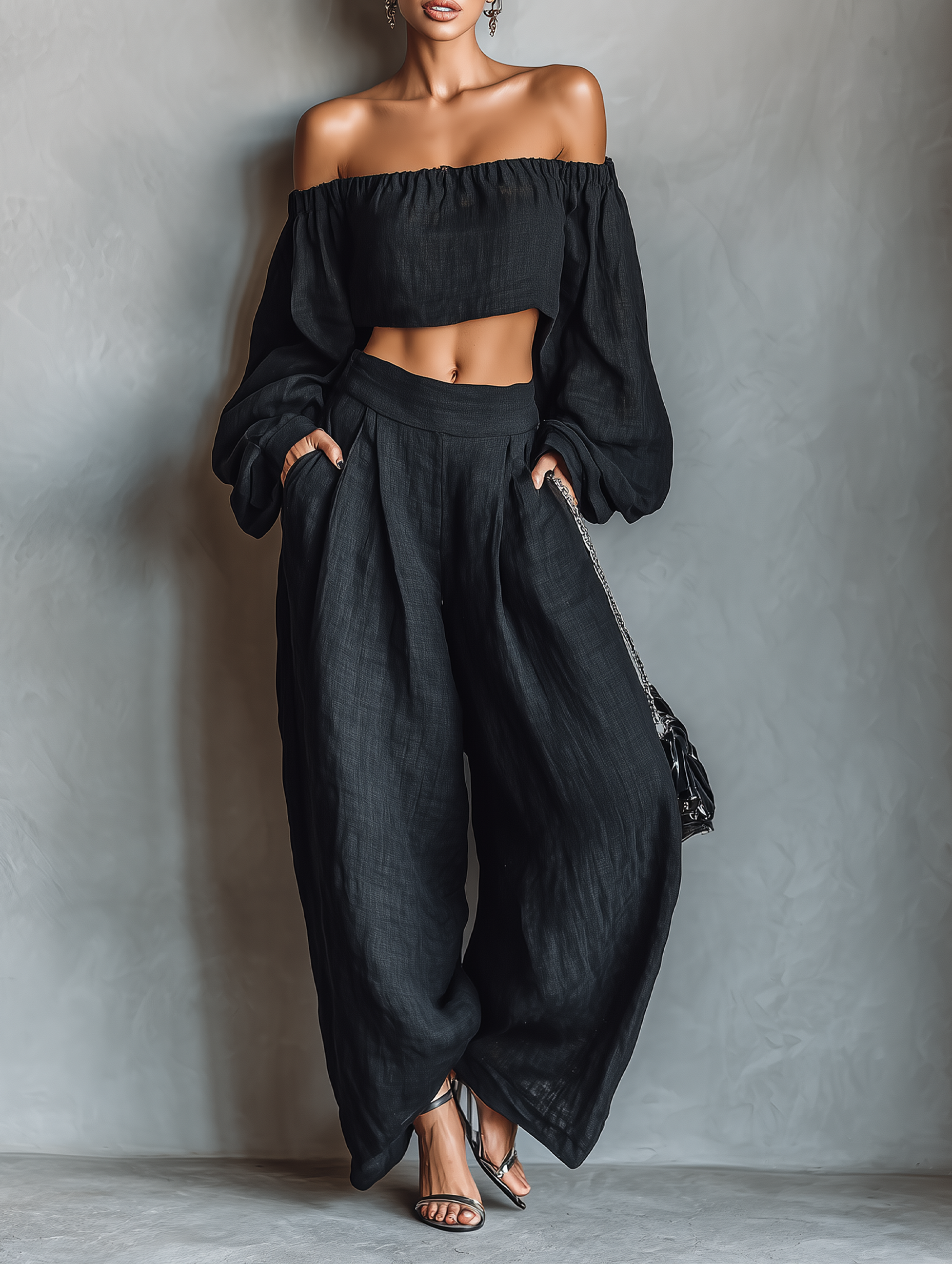 Women's Minimalist Linen-Colored Bodysuit Without Sleeves with Wide Pants MDA1900L7Y