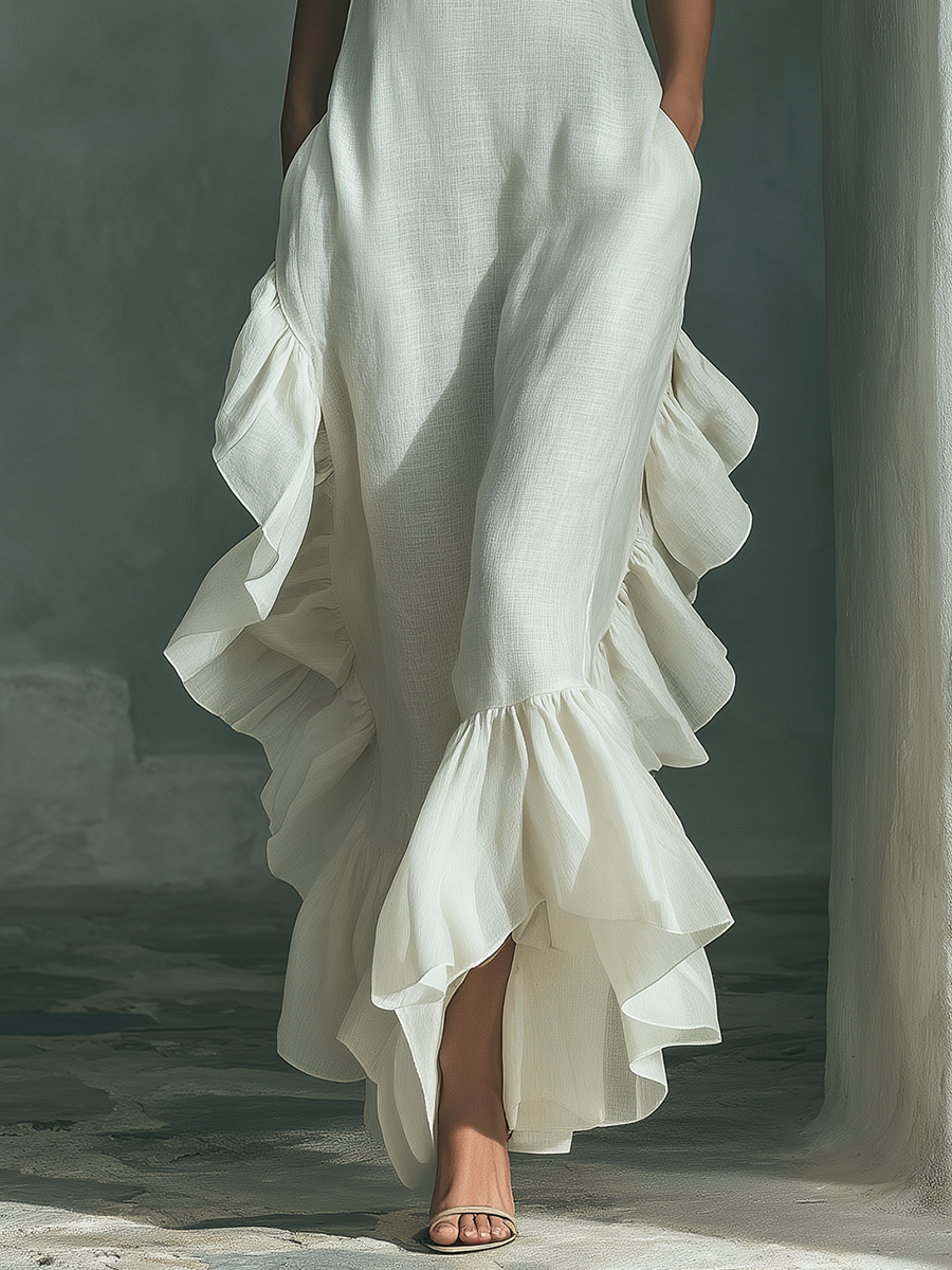 Sleeveless Maxi Dress in Ivory Linen with Round Neck and Fringes MDZ0973B9T