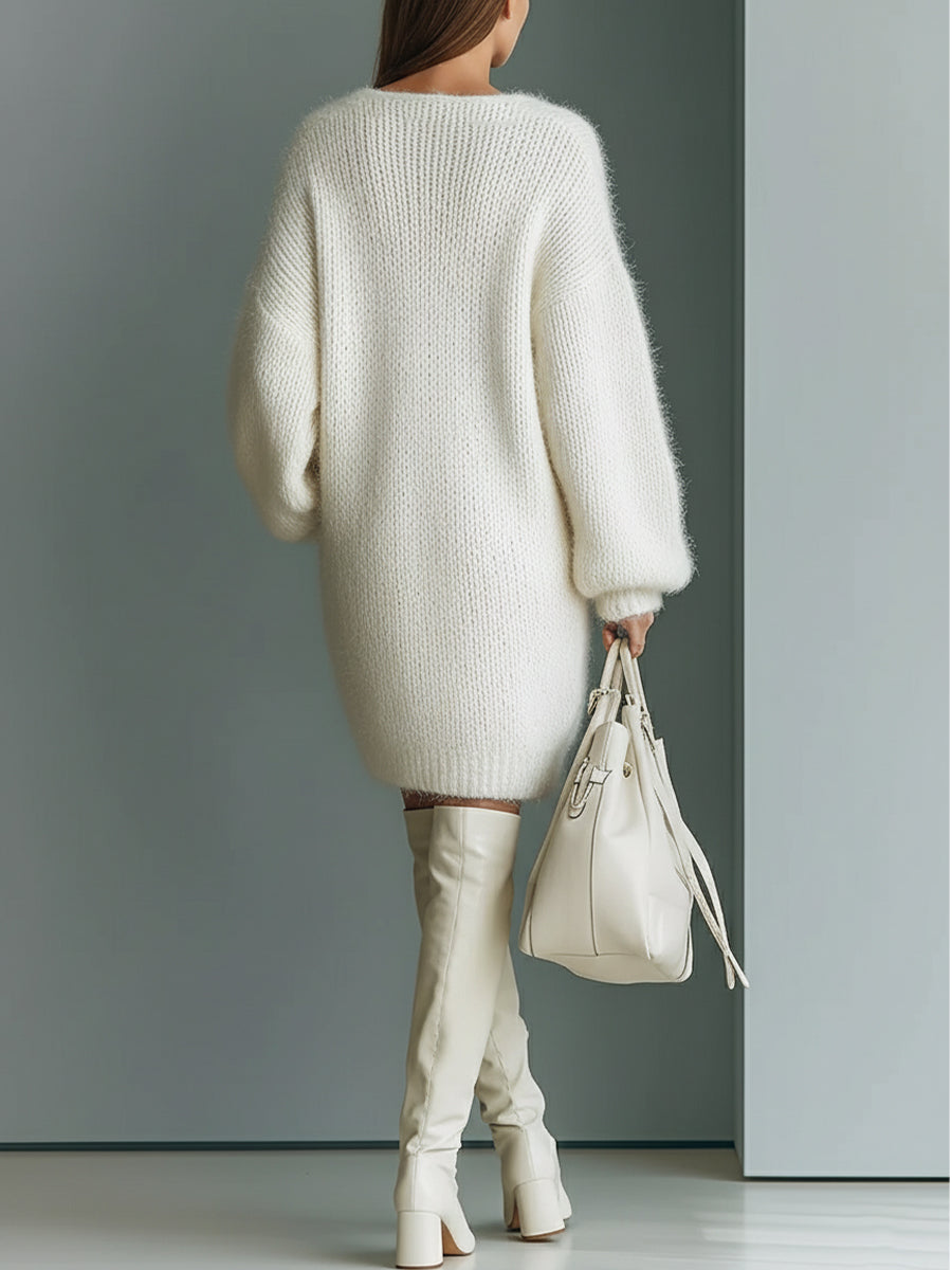 Elegant White Mini Sweater Dresses for Women with V-Neck MDA1331J0I