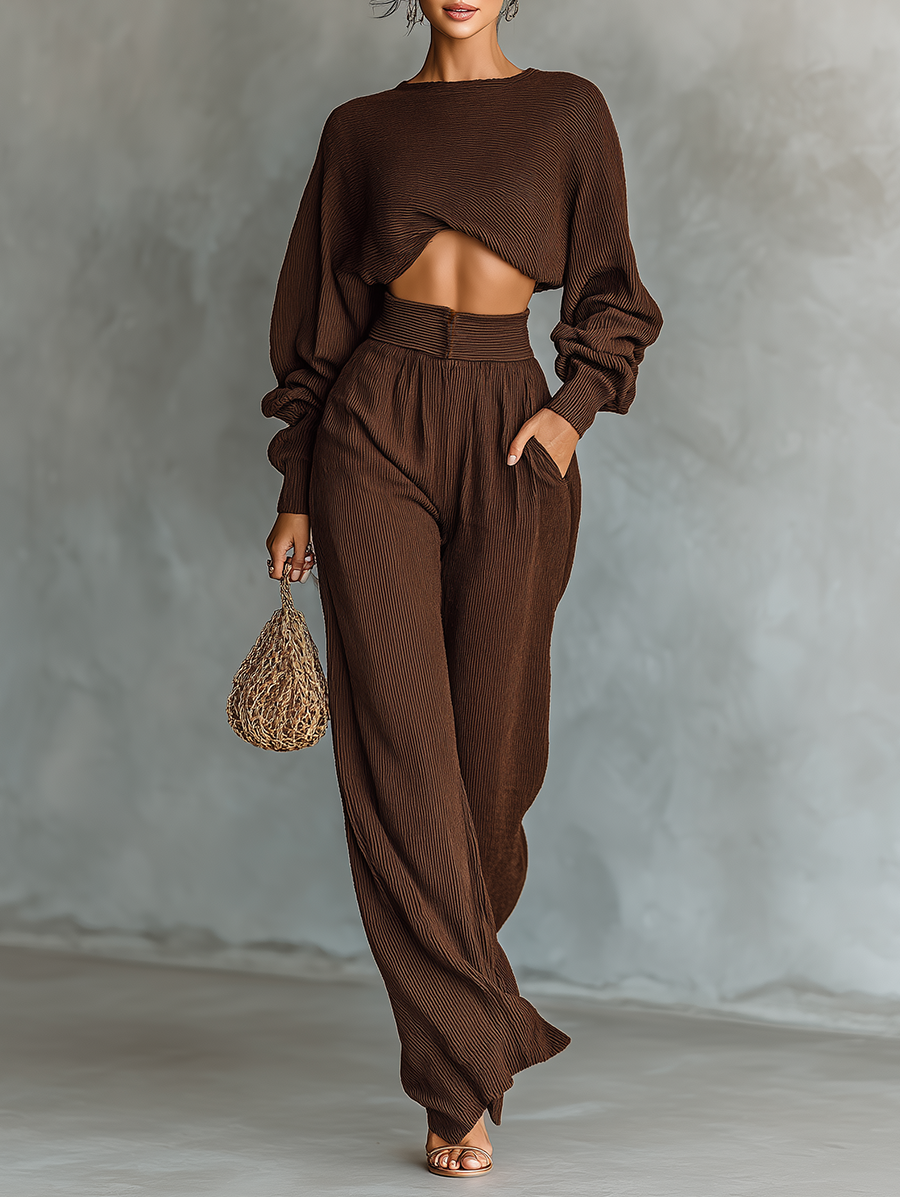 Knitted Set for Women in Coffee Color: Short Top and Wide Pants MDA3000G6T