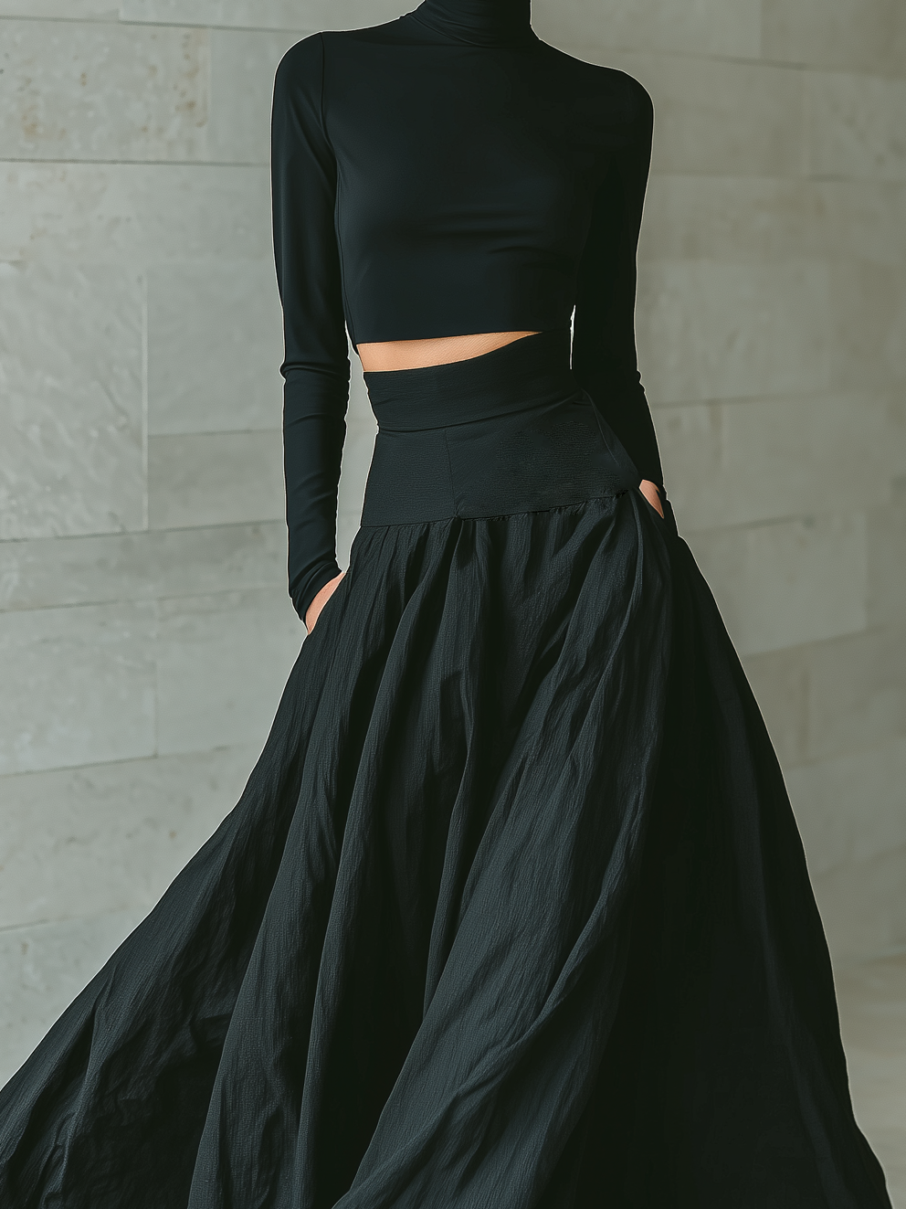 Fashionable and Elegant Women's Black T-Shirt with High Collar, Long Sleeves, Cropped, Paired with a Long Black Skirt MDA2692K3AN