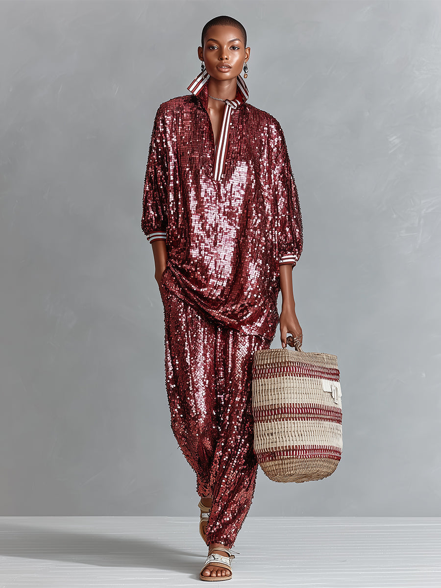 Shiny Burgundy Women's Loungewear Set with Sequins and Straps - Wide Cut MDA3059I3I