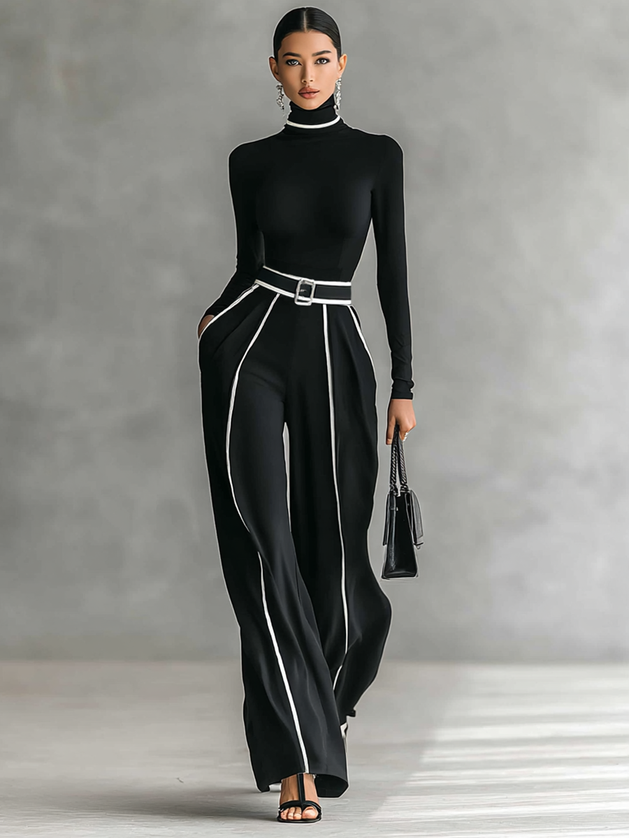 Two-Piece Set for Women with High Neck, Long Sleeves, Wide Pants, and Belt