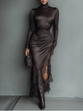 Maxi Dresses with Asymmetrical Skirt, Shiny Model, Dark Brown for Women MDA0501H1T