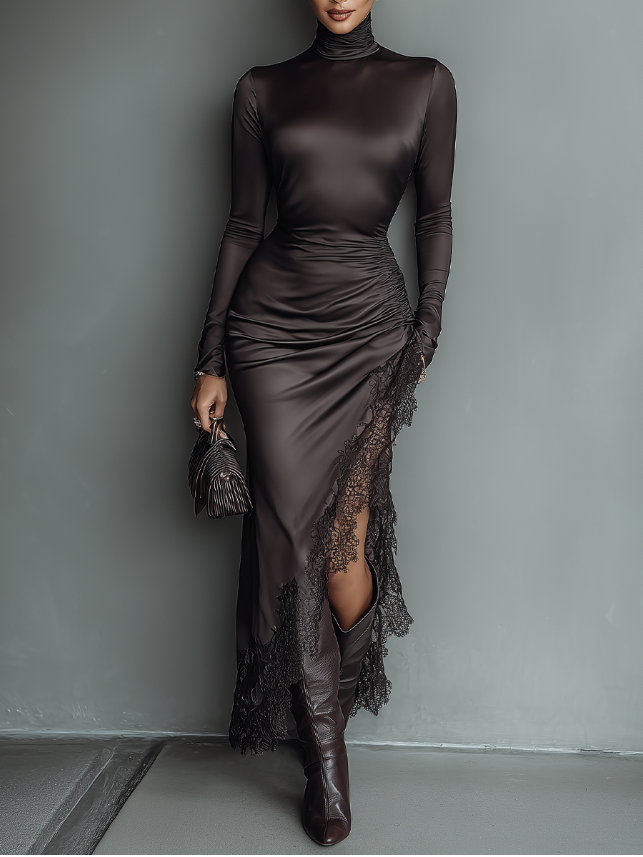 Maxi Dresses with Asymmetrical Skirt, Shiny Model, Dark Brown for Women MDA0501H1T
