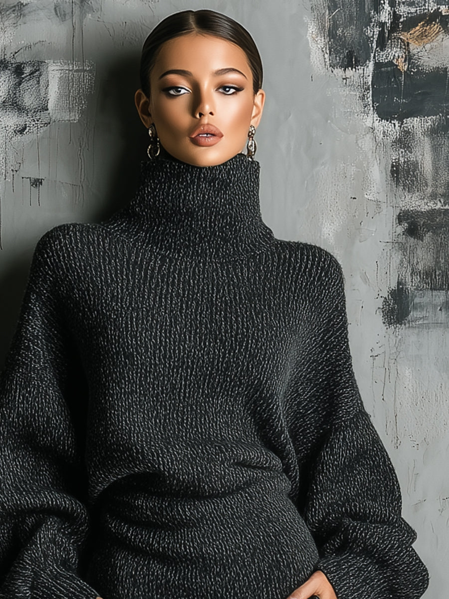 Charcoal Grey Knit Midi Dresses with High Collar for Women MDA1624J6I