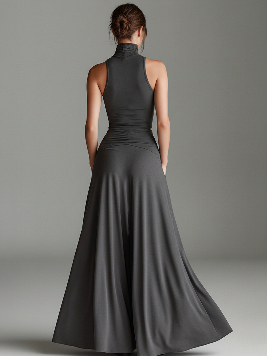Dark Gray Women's Stretch Dress with High Collar and Waist Cut, Timeless Elegant Minimalist Style MDZ0960B2I