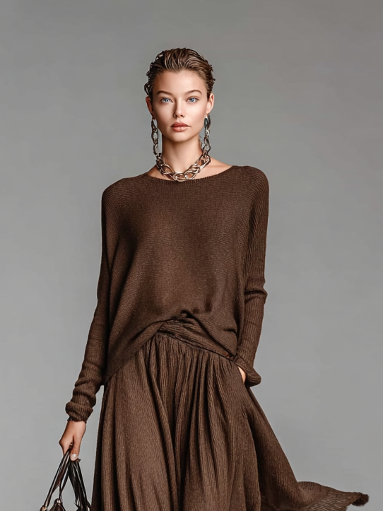 Women's Skirt and Sweater Set with Round Neck MDA0737H3Y