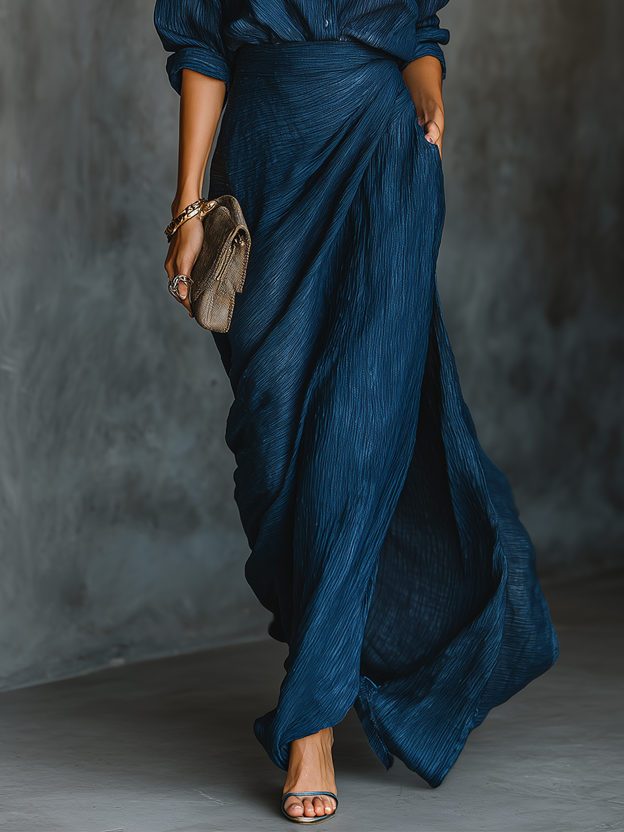 Long Skirt and Elegant Top Set in Dark Blue Cotton and Linen