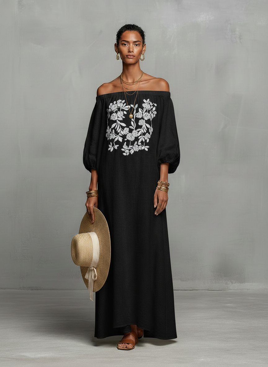 Embroidered Maxi Dress for Women in a Minimalist Look with Three-Quarter Sleeves and Off-the-Shoulder MDZ3063A3Y