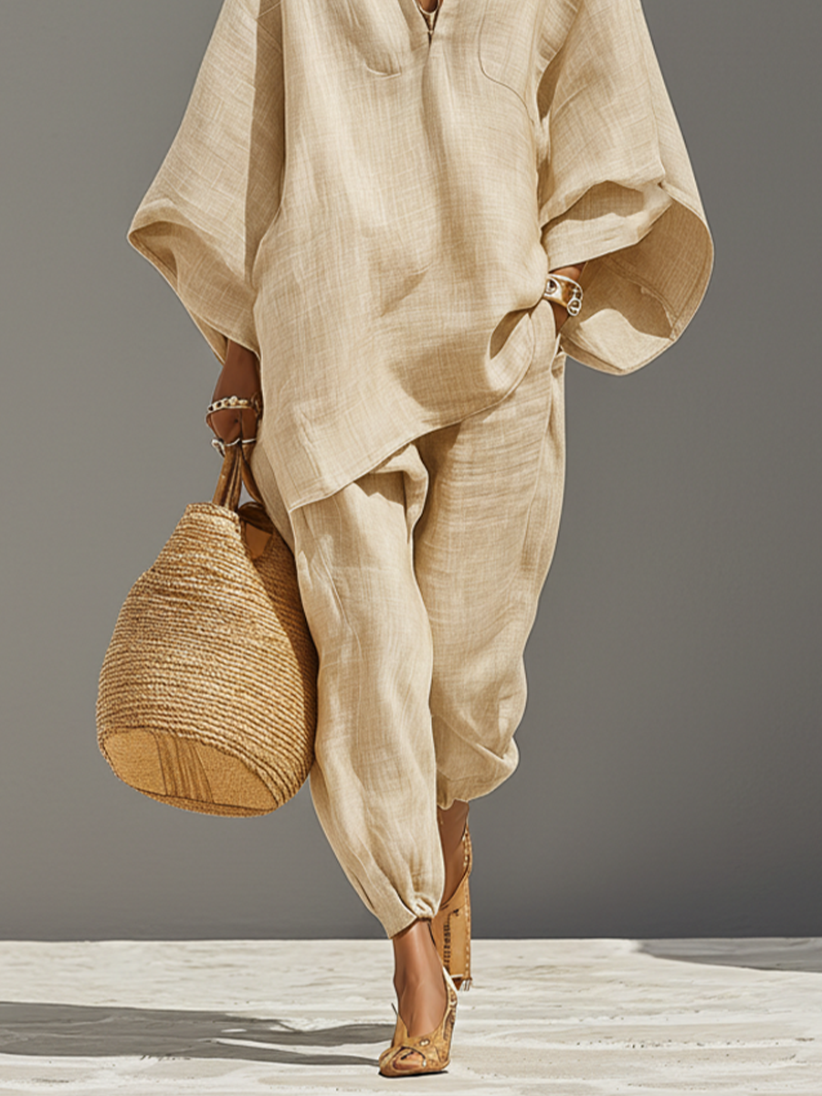 Neutral Linen Set for Women with Asymmetrical Edges and Minimalist Design, Sophisticated Everyday-Elegant Style MDZ0501B3I