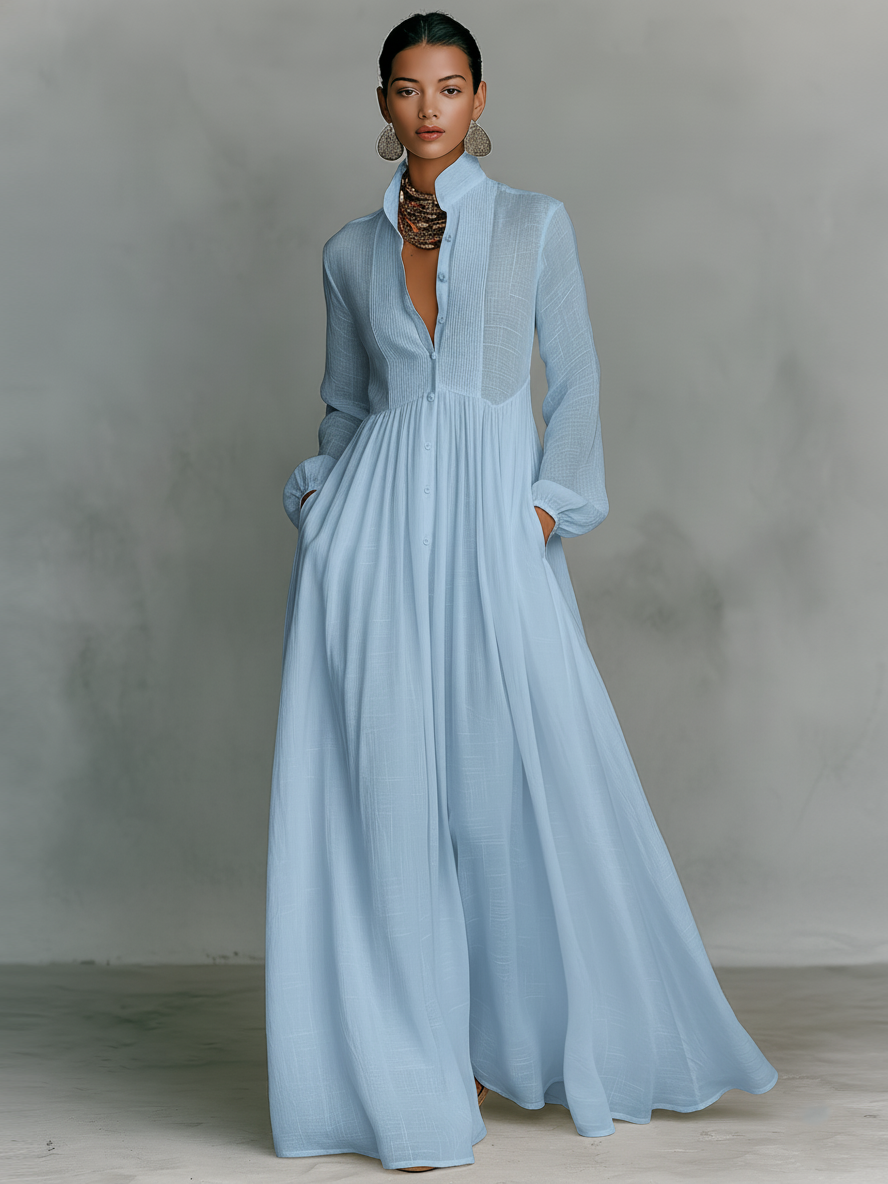 Women's Maxi Dress in Minimalist Style Made of Cotton and Linen with Puzzle Pieces, Featuring a Sturdy Collar and Long Sleeves