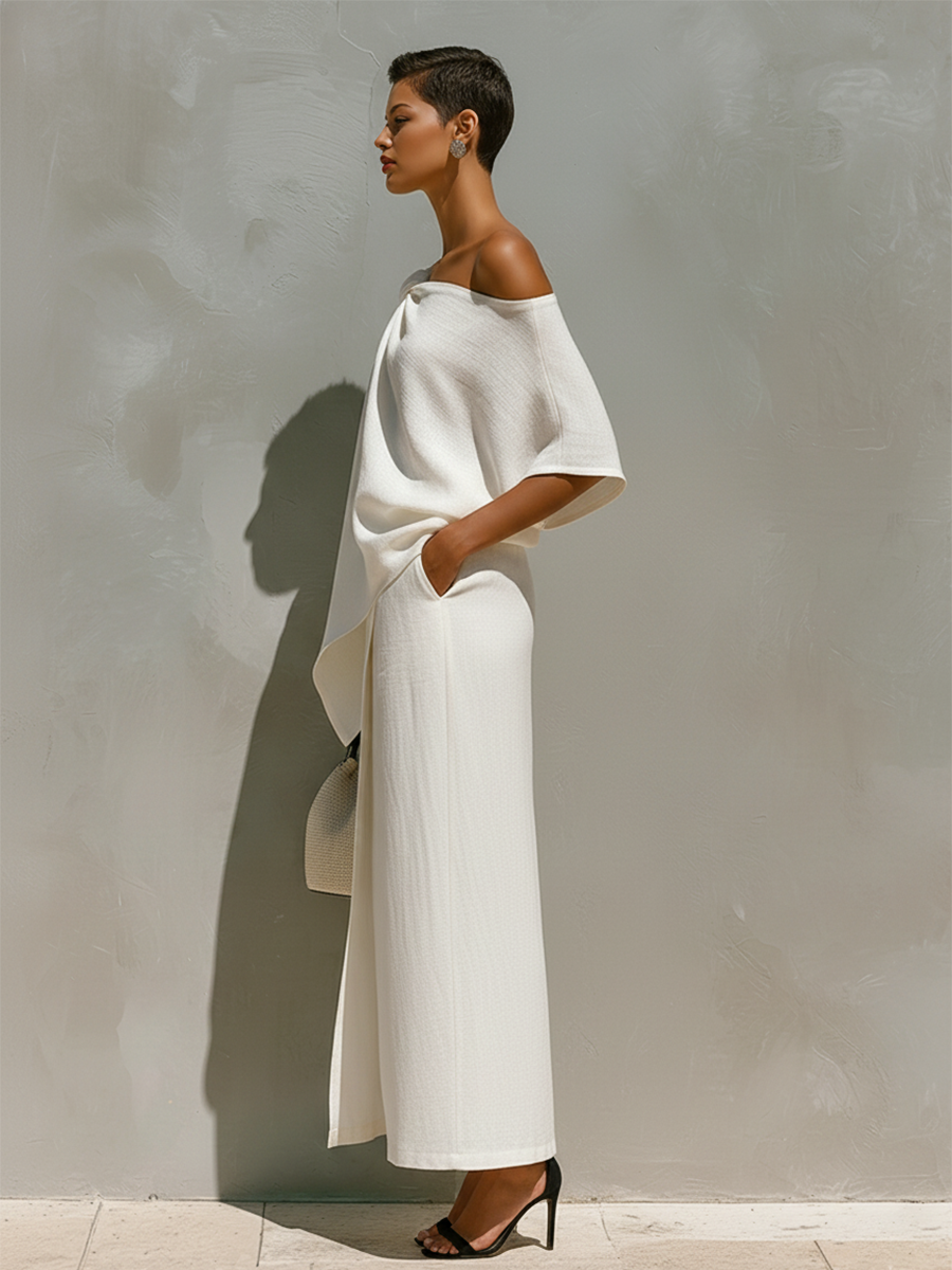 White Linen Set for Women with One Shoulder Detail and Front Slits, Classic Minimalist Vacation Set MDZ2796C6I