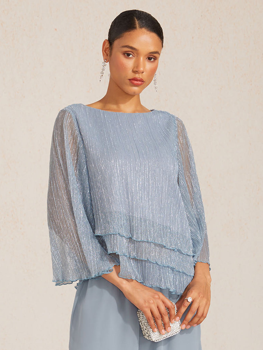Asymmetrical Layered Shirt in Crinkled Metallic Chiffon