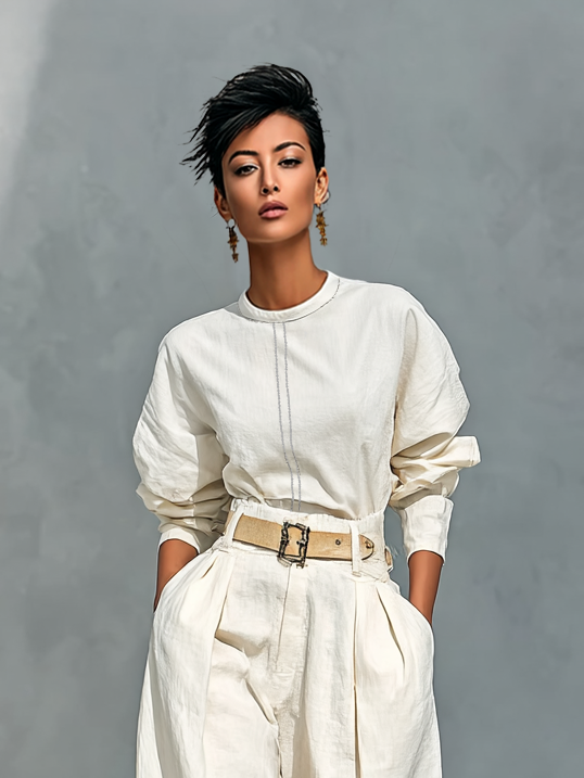 Long Sleeve T-Shirt Set with Round Neck and Wide Pants Made of Cotton and Linen for Women (Belt Not Included) MDA2555G6Y