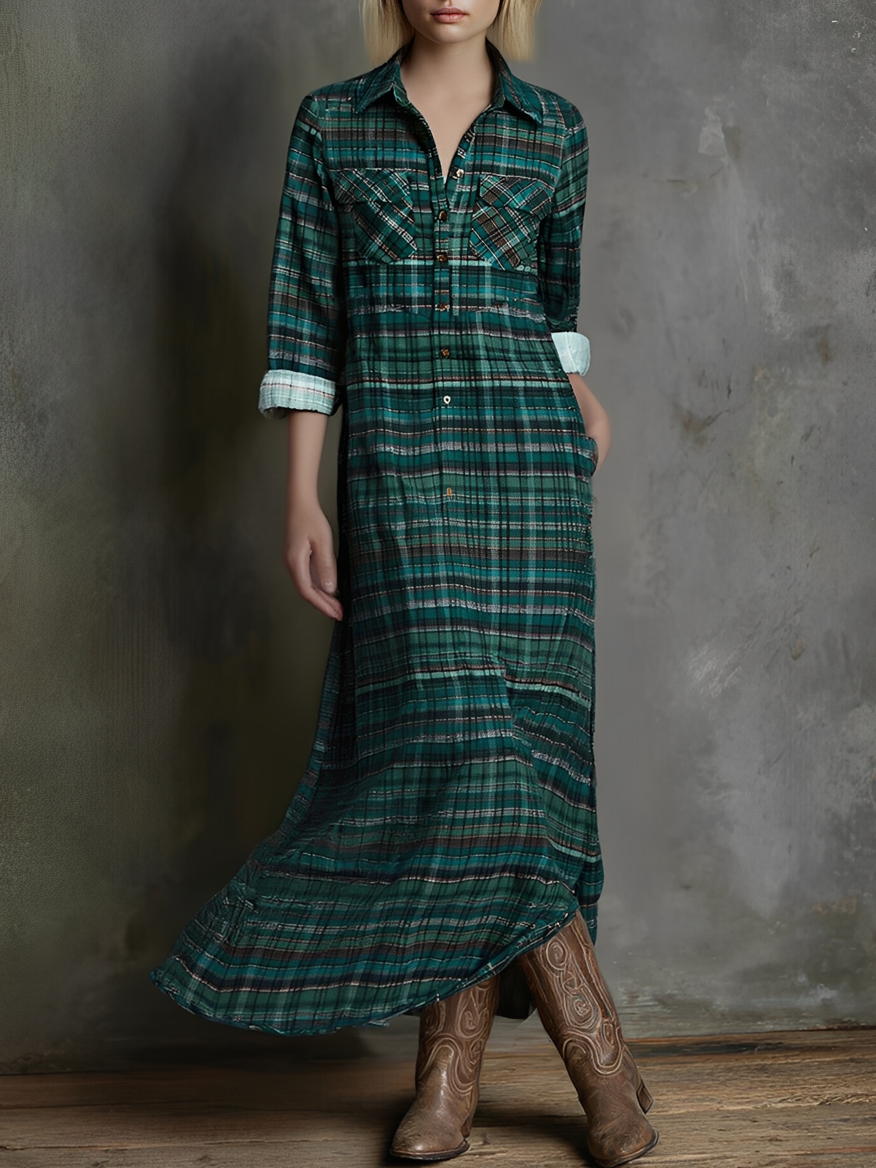 Maxi Dress with Plaid Print for Women with Long Sleeves MDA0514L8Y