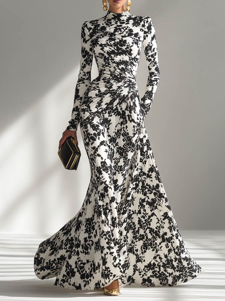 Maxi Dresses for Women with High Collar in Floral, Black and White MDA1295K1AP