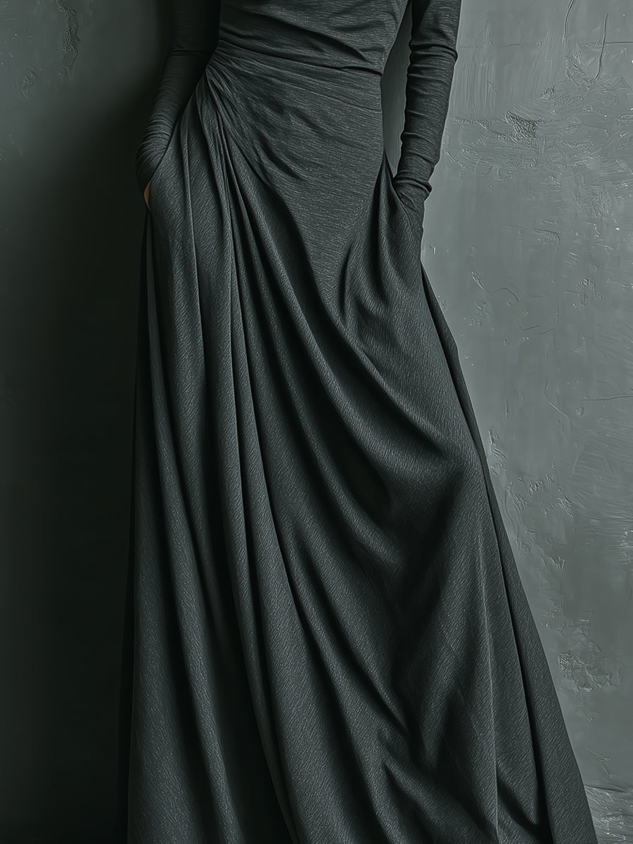 Women's Anthracite Maxi Dress with High Collar Made of Elegant Poly-Cotton Fabric MDA1727J1I