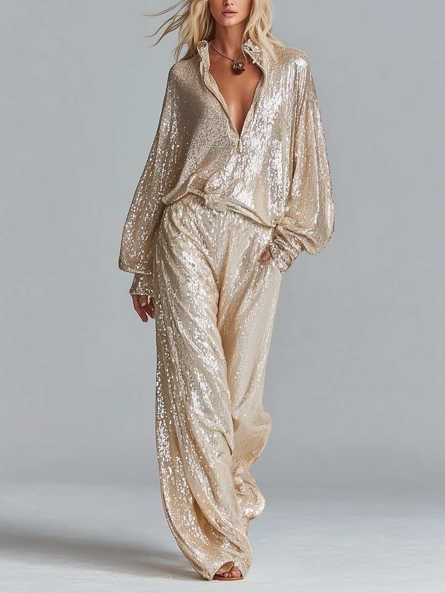 Women's Lingerie Party Set with Collar and Shiny Gold Sequins - Half Zipper and Wide Leg MDA2425I0I