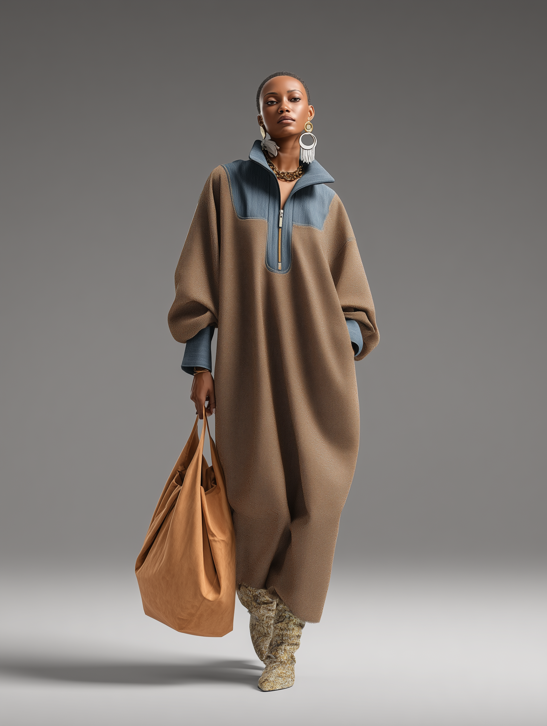 Long Dresses for Women in Brown with Reversible Finish and Denim Blue with Stand-Up Collar