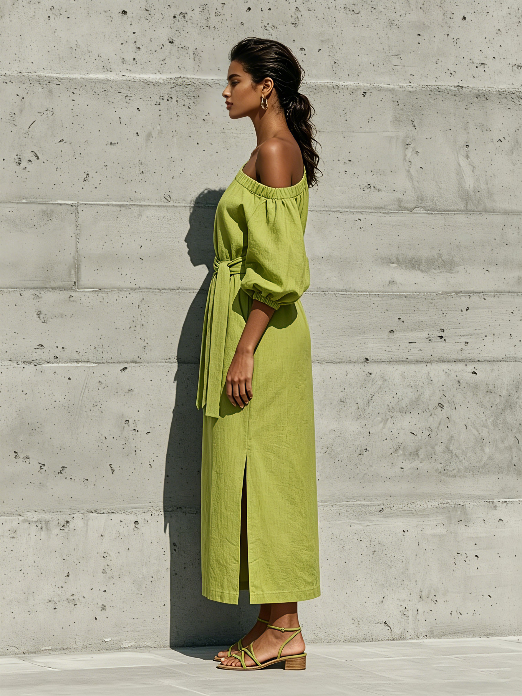 Lime Green Midi Dresses for Women with Puff Sleeves and Off-Shoulder, with Tie Belt and Open Side MDZ1150F0T