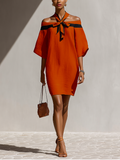 Orange Mini Dress for Women with Black Tie Details at the Neck MDZ1340E3T