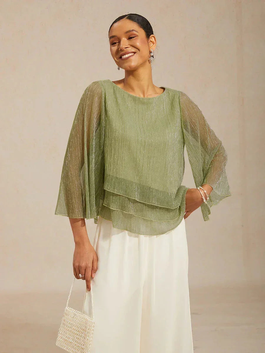 Asymmetrical Layered Shirt in Crinkled Metallic Chiffon