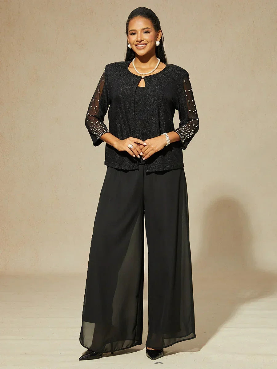 Metallic Textured Shirt with 3/4 Sleeves and Pearls