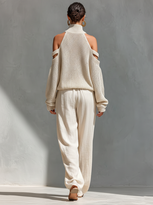 Beige Knit High Neck Top with Off-Shoulder Design and Wide Pants MDZ0984A5T