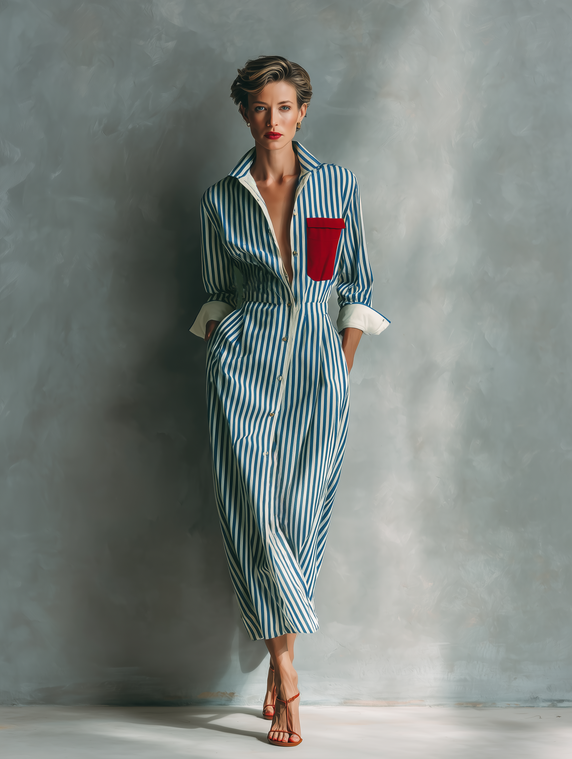 Shirt Dresses with Blue and White Stripes for Women with a Red Chest Pocket MDZ1286C2T