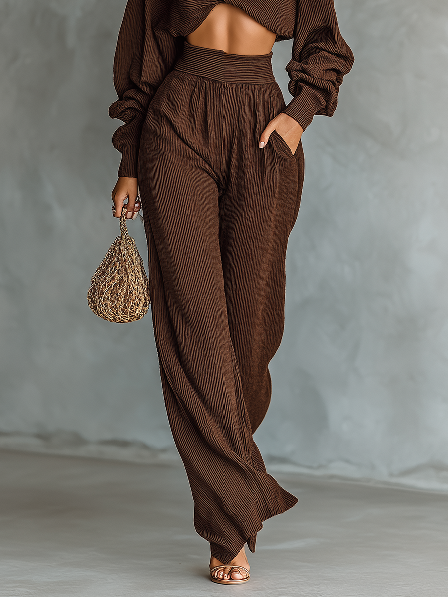 Knitted Set for Women in Coffee Color: Short Top and Wide Pants MDA3000G6T